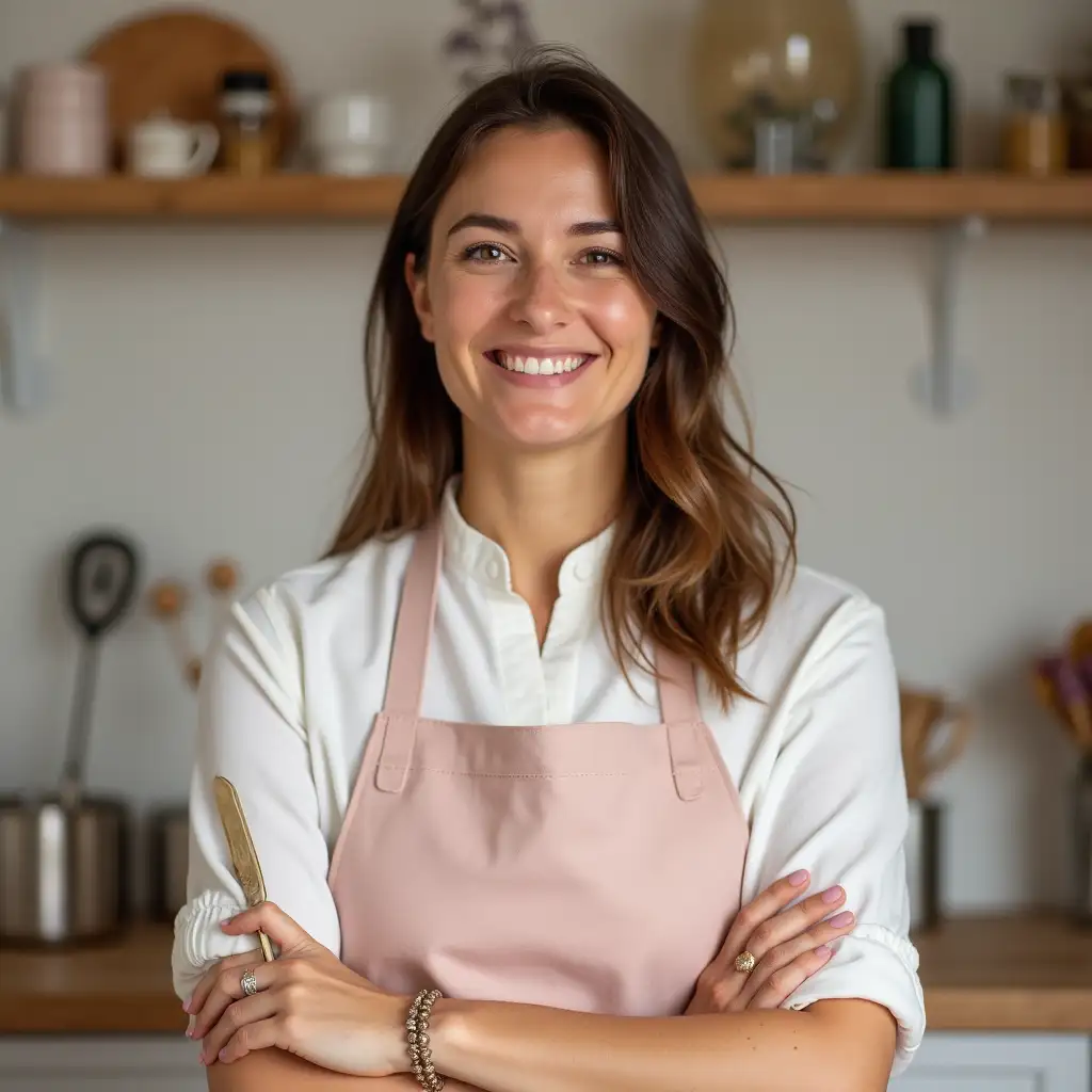 Emma F., smiling female cake chef wearing a pastel pink apron in a cozy kitchen