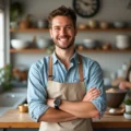 Zac M., smiling male baking coach in a bright kitchen wearing a denim shirt and apron, arms crossed