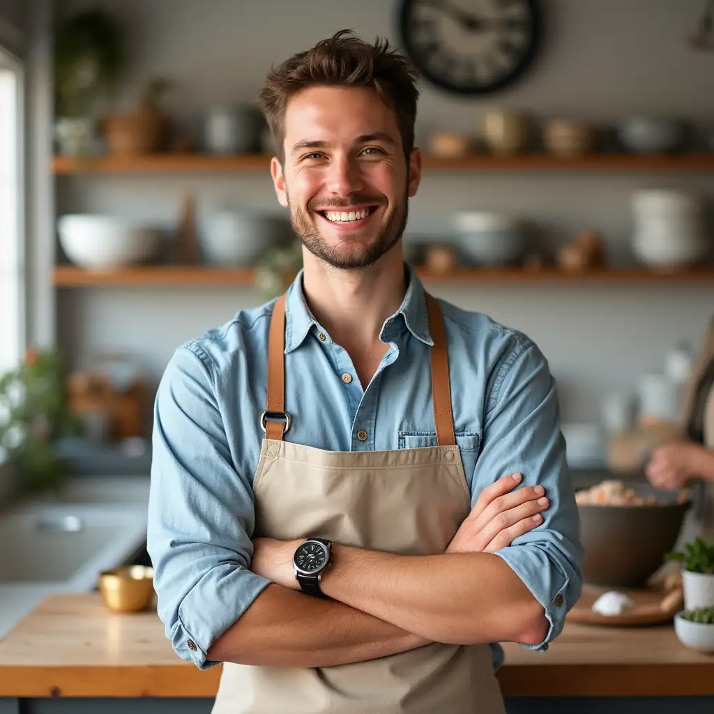 Zac M., smiling male baking coach in a bright kitchen wearing a denim shirt and apron, arms crossed
