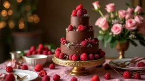Multi-tier chocolate cake with raspberries and gold accents