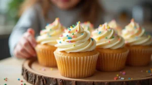 Homemade vanilla cupcakes with sprinkles and kids’ hands