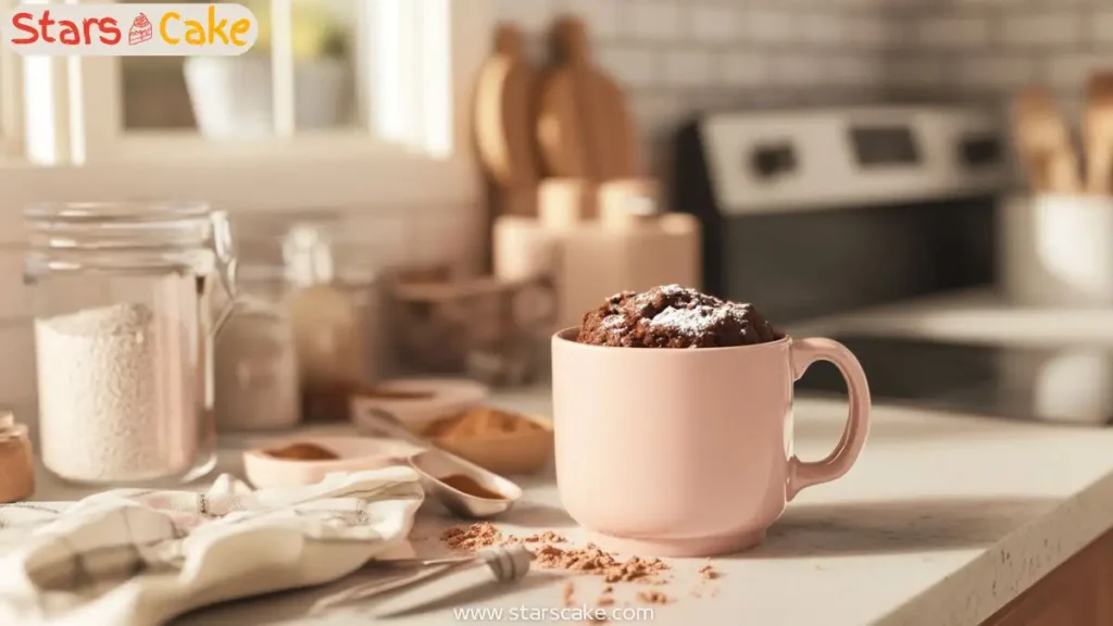 protein mug cake in pink mug on cozy kitchen counter