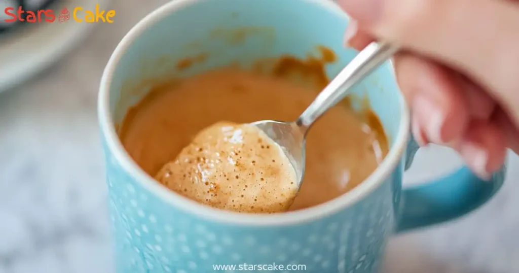 protein-mug-cake-step stirring protein mug cake batter in blue mug