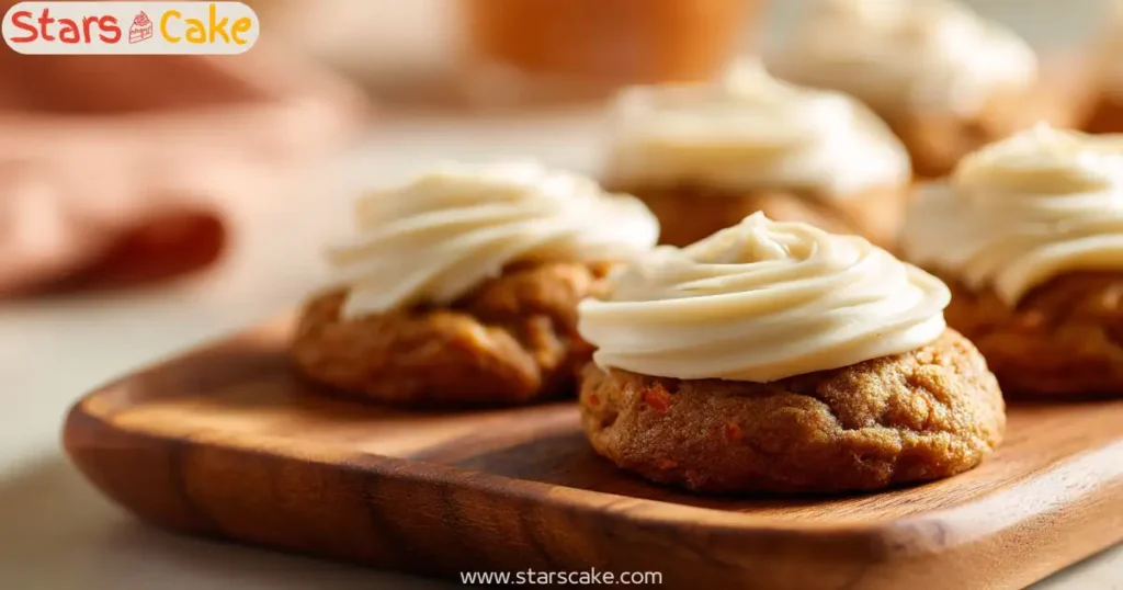 Piping brown butter cream cheese frosting onto carrot cake cookie on wooden plate
