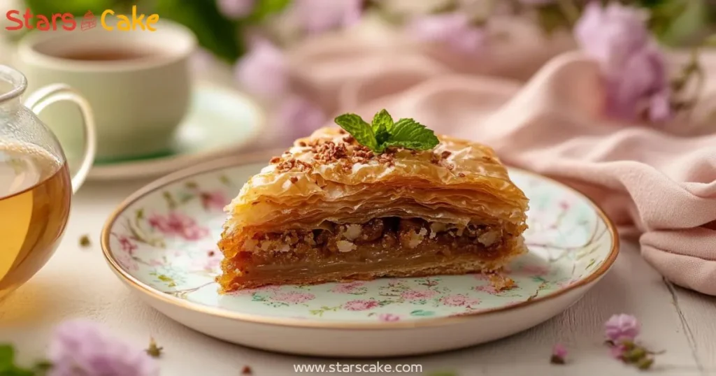baklava cake serving Serving slice of baklava cake with tea