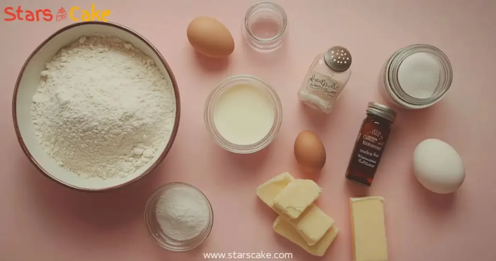 birthday cake baking ingredients flatlay Overhead view of birthday cake ingredients arranged on a pastel surface