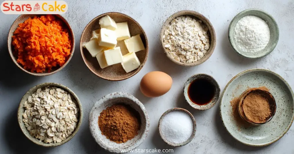 Neatly arranged carrot cake cookie ingredients on stone background