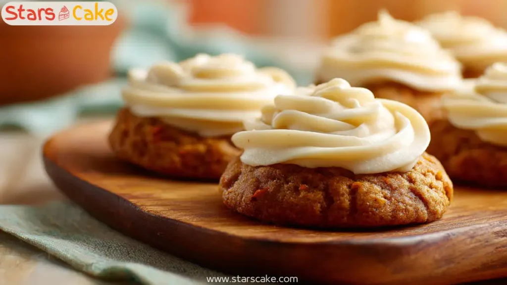 Close-up of frosted carrot cake cookies in warm kitchen light