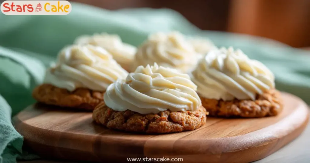 Carrot cake cookies served on a modern wooden board with frosting
