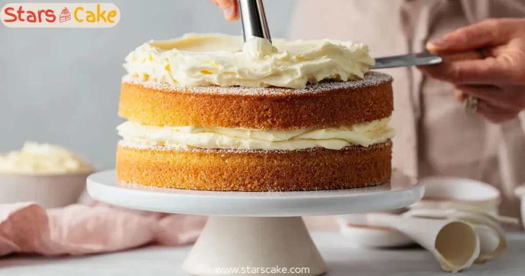 Frosting lemon mascarpone cake layers with whipped mascarpone