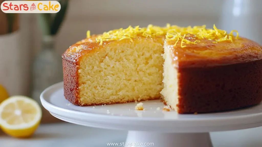 Greek yogurt cake sliced on a stand with lemon zest