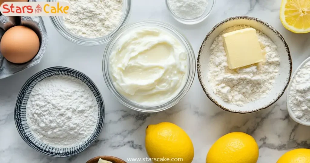 greek yogurt cake ingredients Greek yogurt cake ingredients arranged on a marble surface