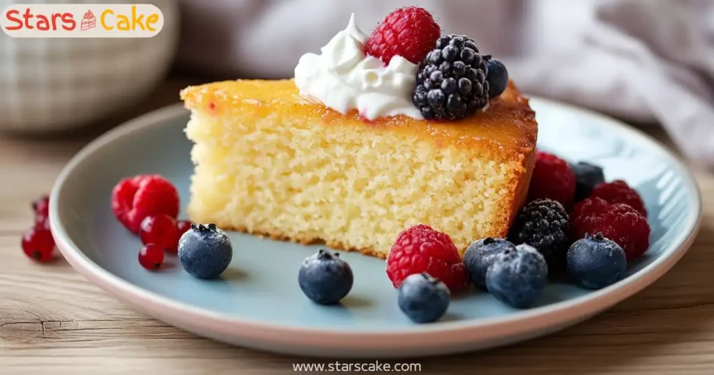 greek yogurt cake served stars cake Slice of Greek yogurt cake served with berries
