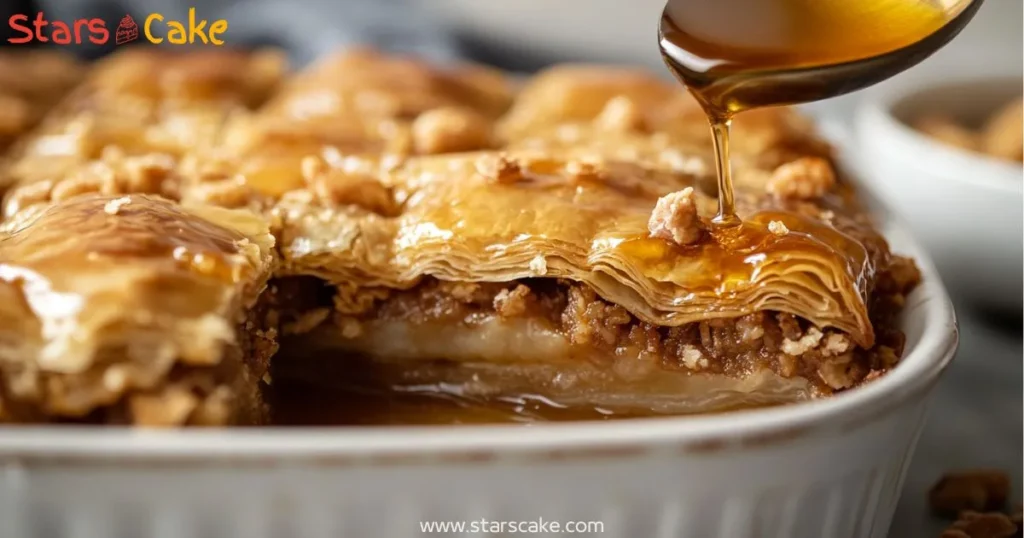 honey drizzle baklava cake Honey syrup being poured onto baklava cake
