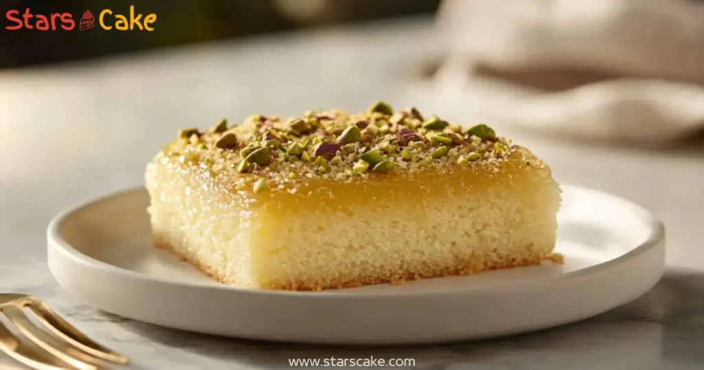 kunafa cake modern side view Side view of Kunafa cake on white plate with pistachios and syrup