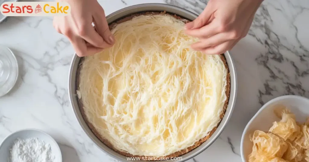 layering homemade kunafa cake Kunafa cake being layered in a round baking pan