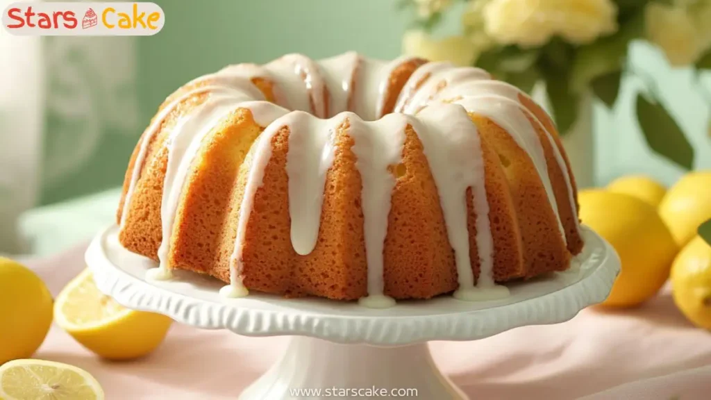 Moist lemon bundt cake recipe on cake stand with glaze