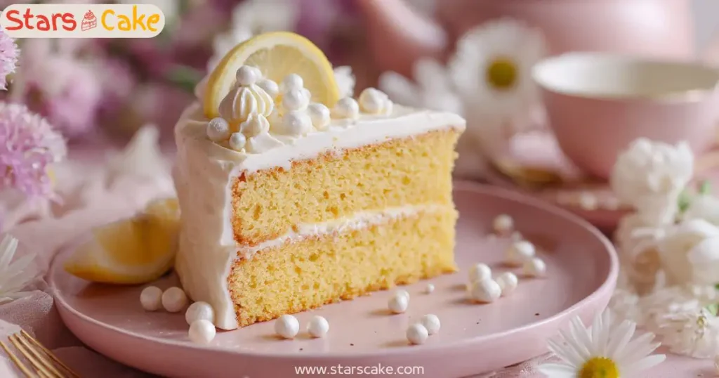 Slice of two-layer lemon mascarpone cake with frosting and lemon curd