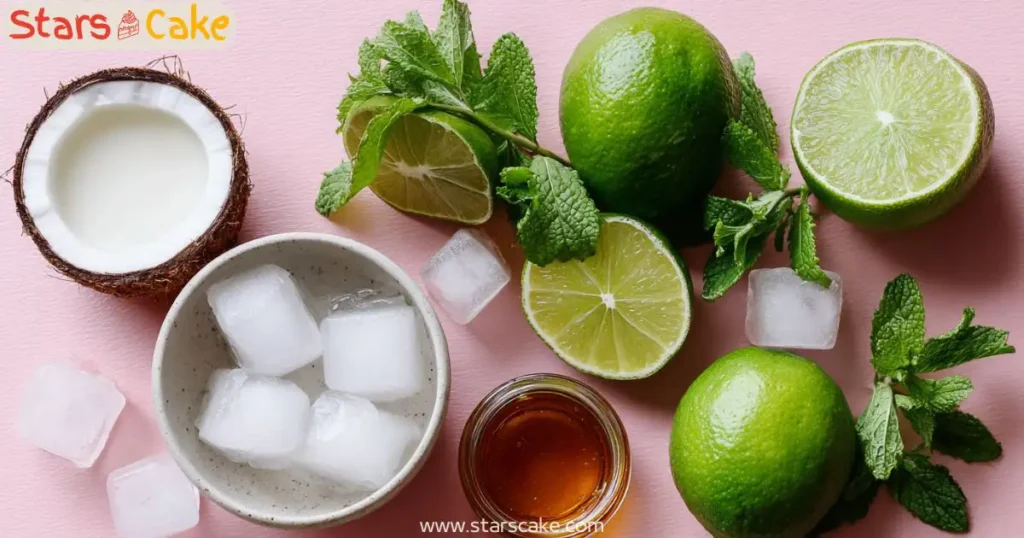 lime coconut drink ingredients Ingredients for lime and coconut drink laid out on a pink surface