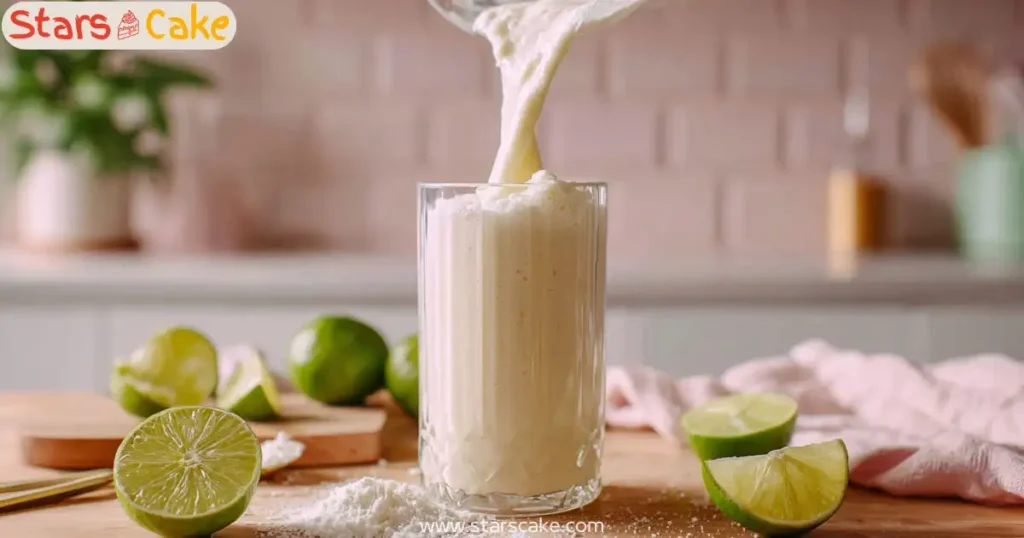 lime coconut drink topdown pour Top-down view of lime and coconut drink poured into glass with white tile background
