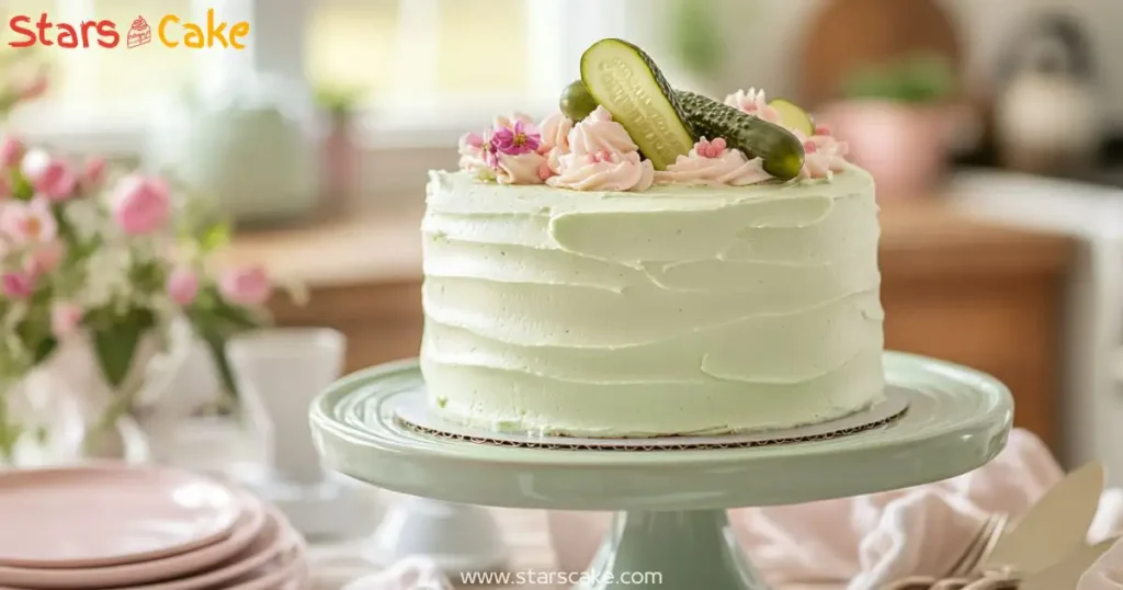 Pickle cake with green buttercream on a mint cake stand
