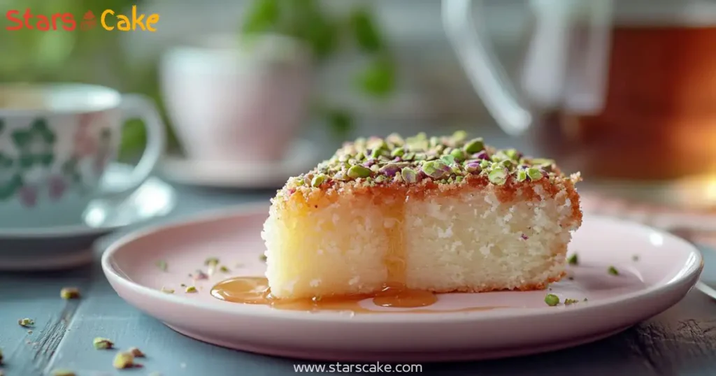 served kunafa cake slice Slice of homemade Kunafa cake served with tea