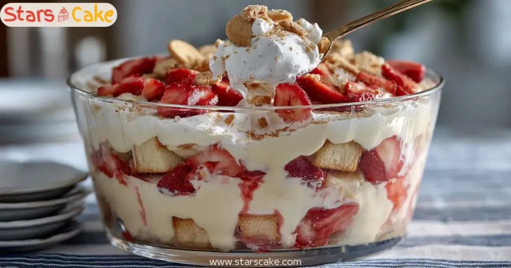 strawberry banana pudding trifle scoop strawberry banana pudding being scooped from trifle bowl