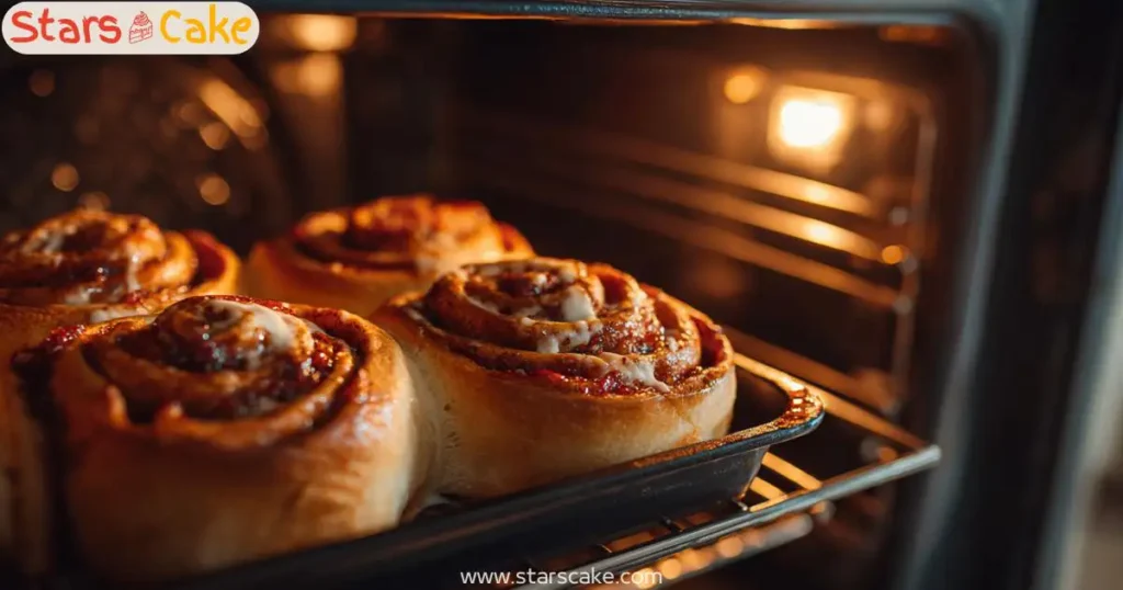 strawberry cinnamon rolls baking in the oven with golden tops