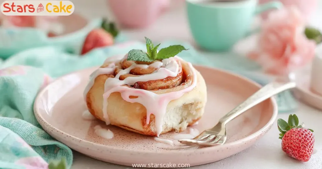 strawberry cinnamon roll with pink glaze on pastel plate