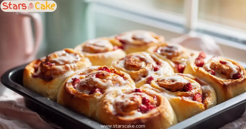strawberry cinnamon rolls baked in rustic kitchen setting