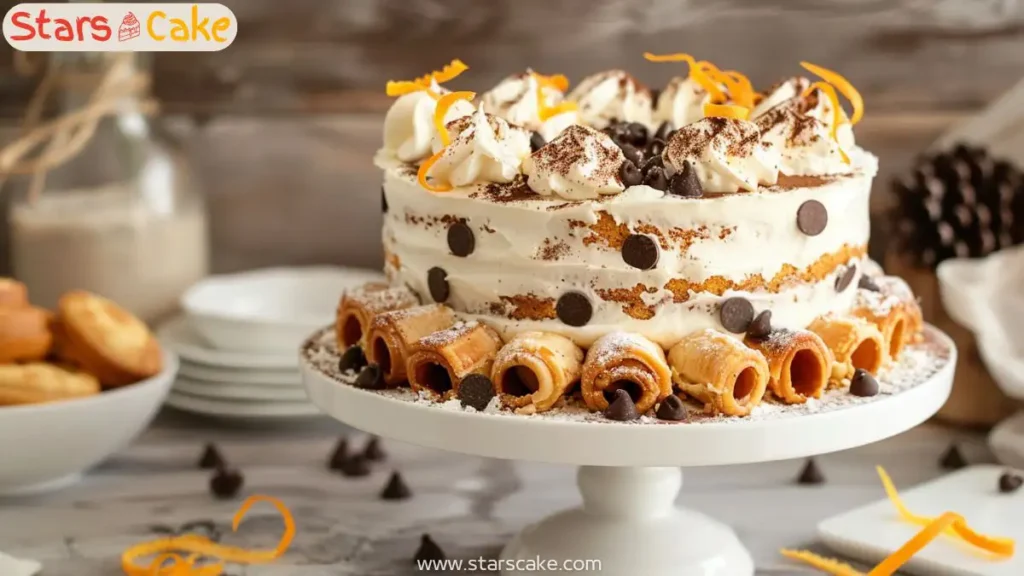 Cannoli cake with ricotta filling and chocolate chip topping