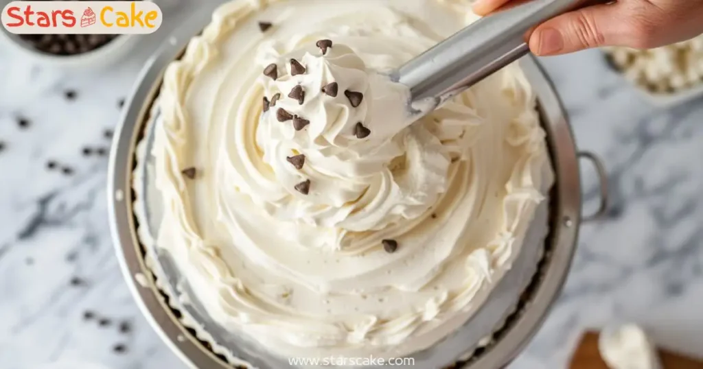 cannoli cake step2 fork and fry Piping cannoli cream onto cake layers