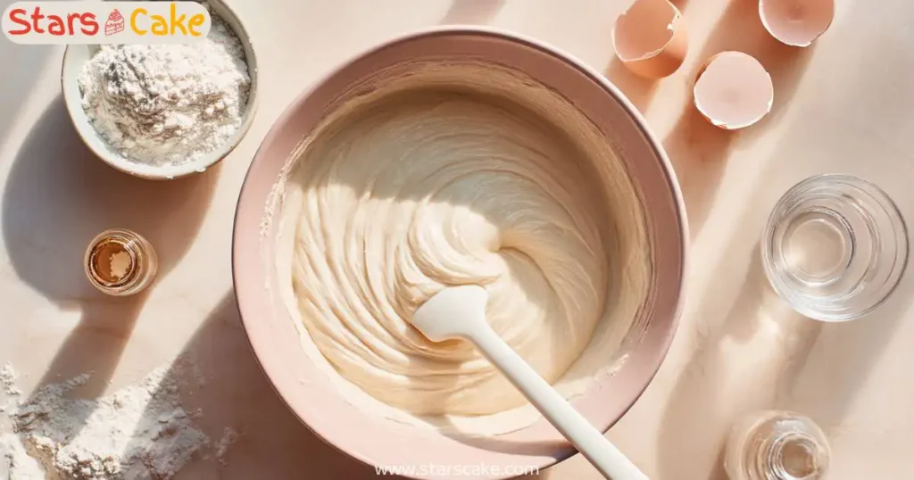 overhead view mixing cake batter in pale ceramic bowl