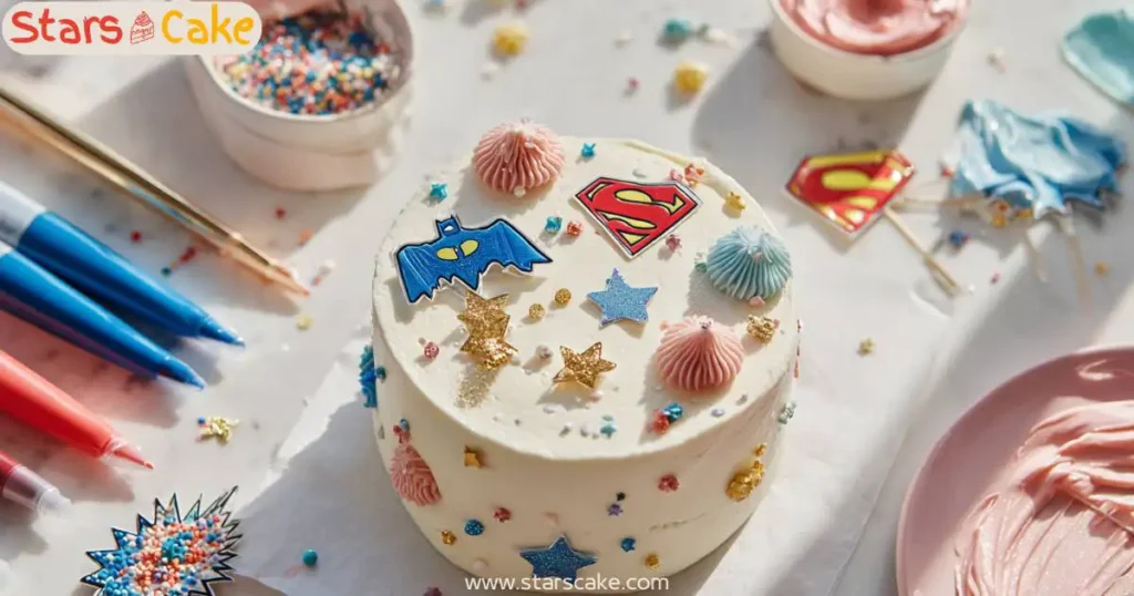 decorating a superhero cake with toys and comic toppers