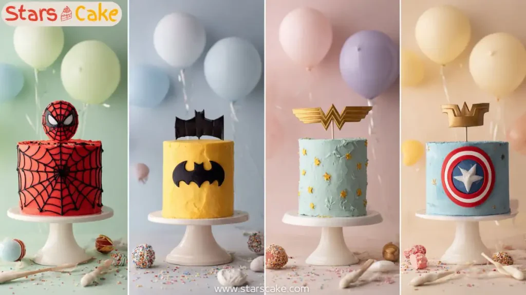 superhero cake ideas collage featuring Spider-Man, Batman, Wonder Woman, and Captain America cakes