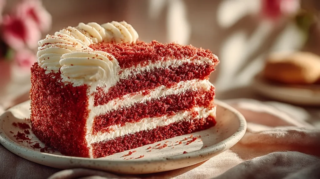 Slice of moist red velvet cake with cream cheese frosting