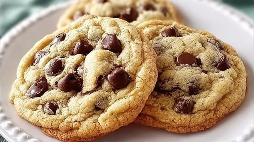 Plate of freshly baked chewy chocolate chip cookies