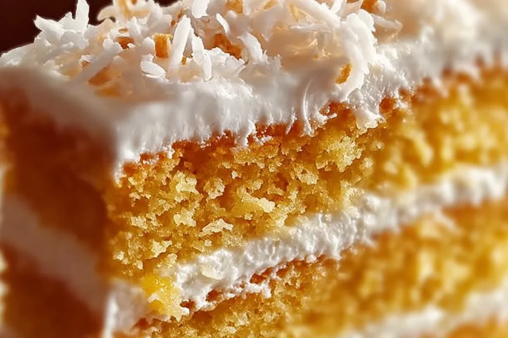 Slice of Pineapple Coconut Dream Cake topped with coconut flakes and pineapple slices