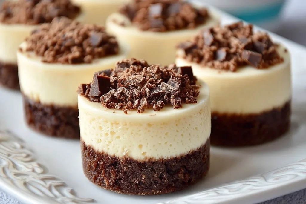 Brownie bottom mini cheesecakes topped with creamy cheesecake and chocolate drizzle