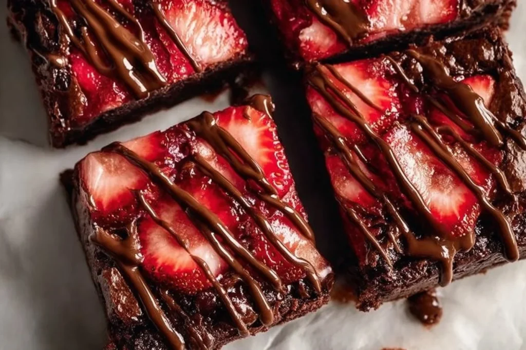 Delicious Chocolate Strawberry Brownies topped with fresh strawberries.