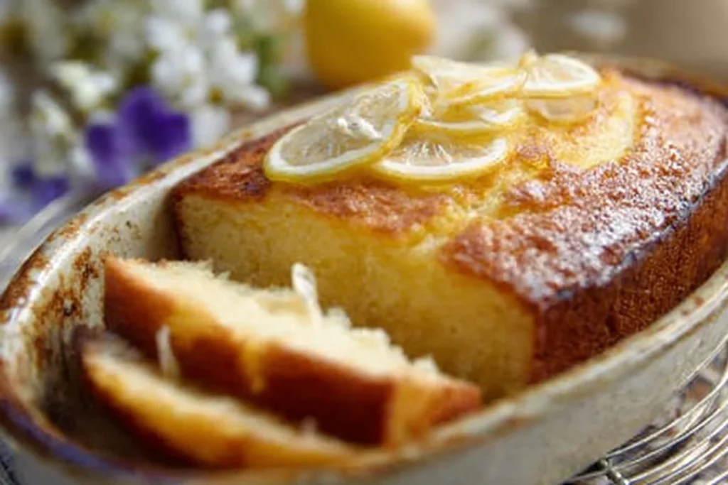 Sliced Coconut Lemon Loaf Cake on a wooden board with lemon slices and coconut flakes.