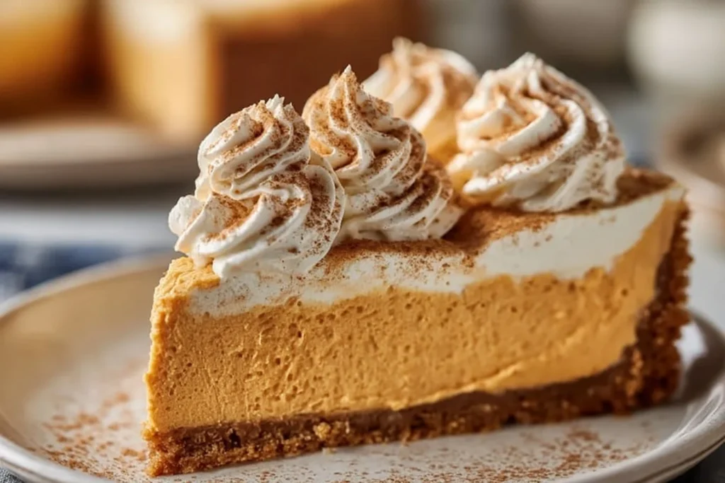 No bake pumpkin cheesecake slice with whipped cream topping on a plate.