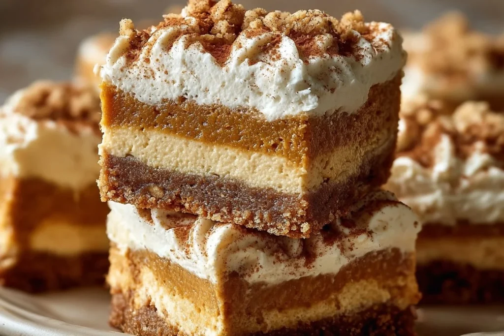 Delicious homemade pumpkin cheesecake bars topped with whipped cream