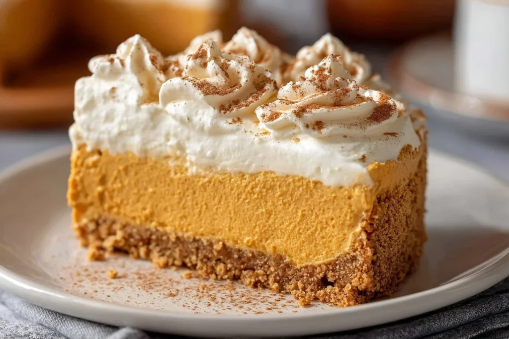 Delicious no bake pumpkin cheesecake topped with whipped cream and spices.
