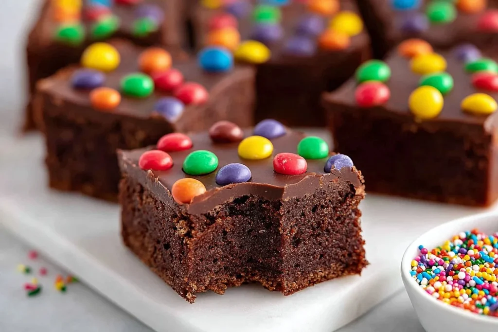 Delicious no-bake vegan cosmic brownies topped with chocolate and sprinkles