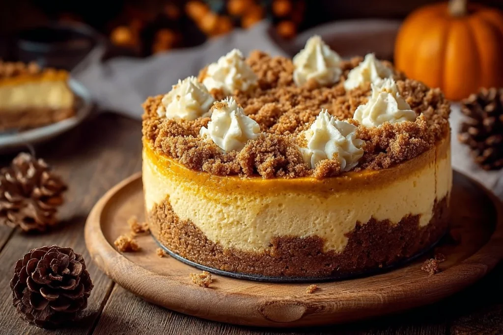 Delicious pumpkin streusel cheesecake topped with crumbly streusel