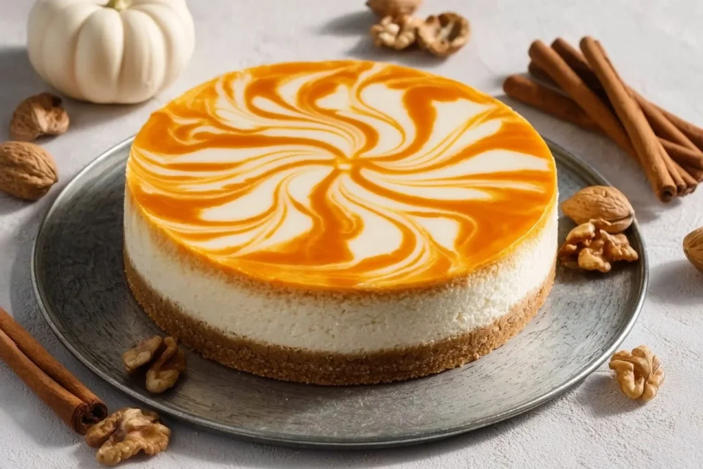 Delicious Pumpkin Swirl Cheesecake recipe card featuring a seasonal dessert.
