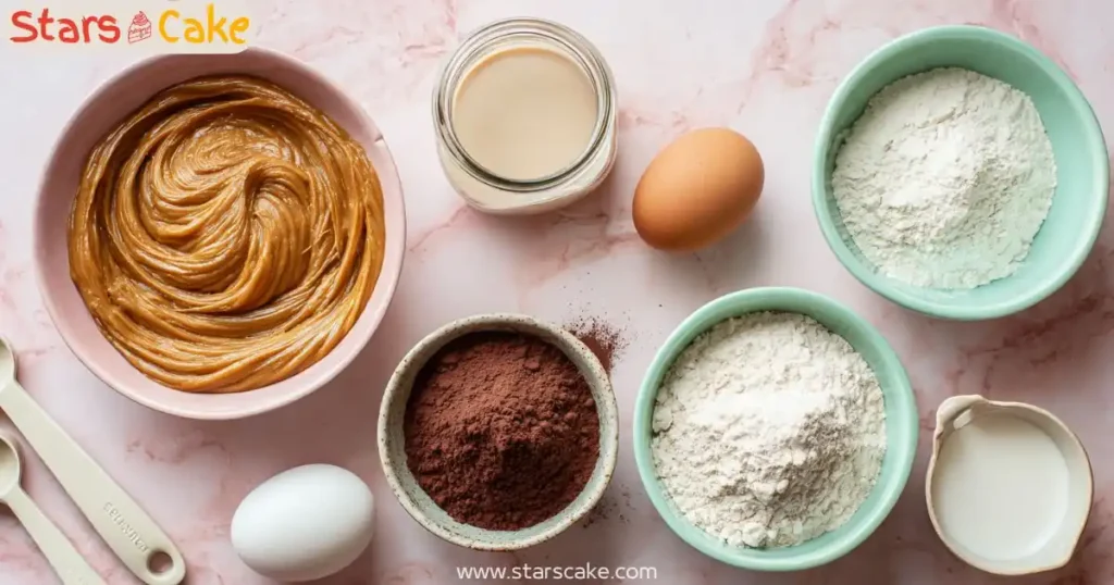 Pumpkin Dark Chocolate Tart Ingredients Prep Ingredients for pumpkin dark chocolate tart including eggs, flour, cocoa powder, and creamy batter