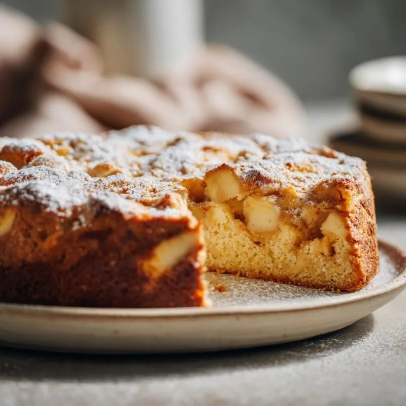 Slice of classic American apple cake with powdered sugar on a ceramic plate