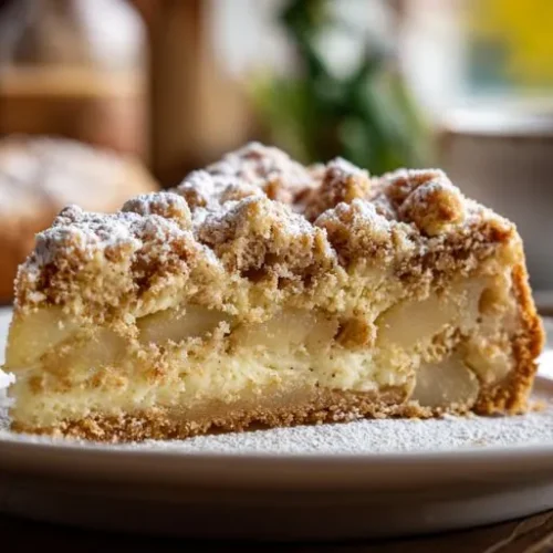Slice of Polish apple cake with cinnamon crumble topping and powdered sugar on a white plate
